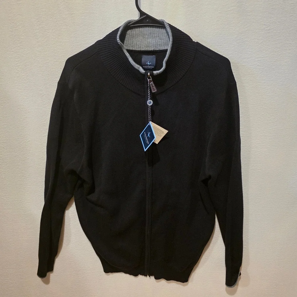 Tailorbyrd Full Zip Cardigan Men M Black Mock Neck Cotton Rayon Knit Sweater